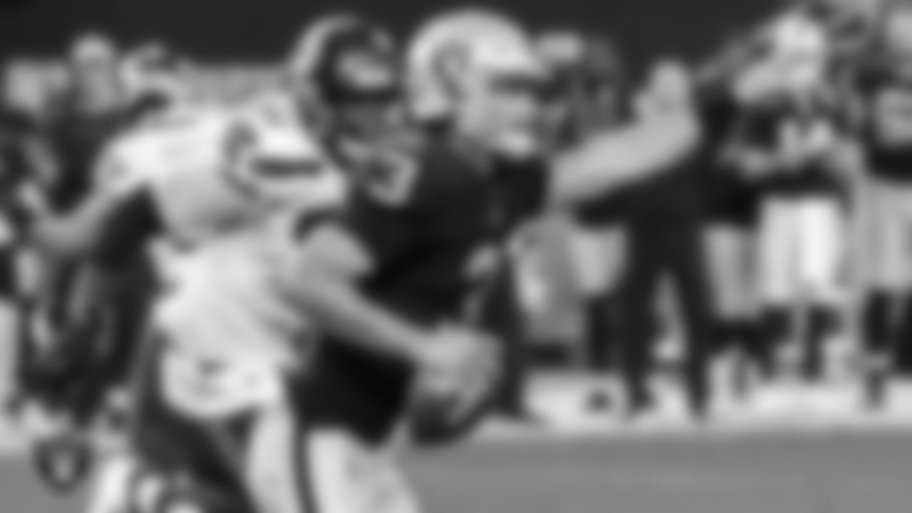 Las Vegas Raiders quarterback Nathan Peterman (3) looks for a receiver during the preseason home game against the Seattle Seahawks at Allegiant Stadium.
