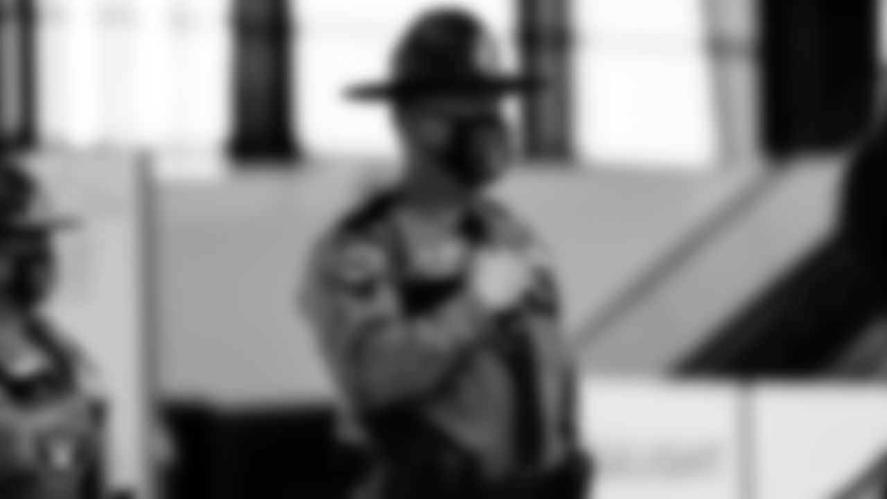 A member of the Nevada Highway Patrol during the national anthem before the Las Vegas Raiders regular season home game against the Indianapolis Colts.