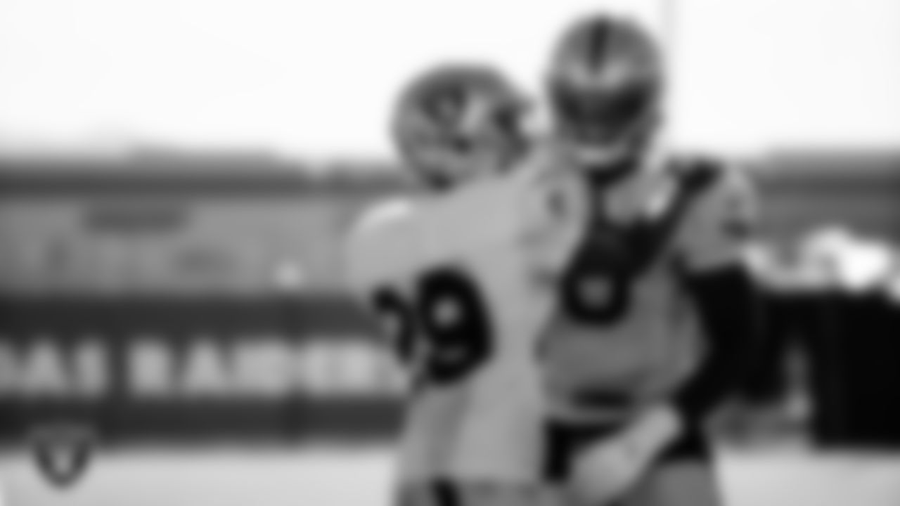 Las Vegas Raiders safety Lamarcus Joyner (29) and linebacker Nicholas Morrow (50) during practice.