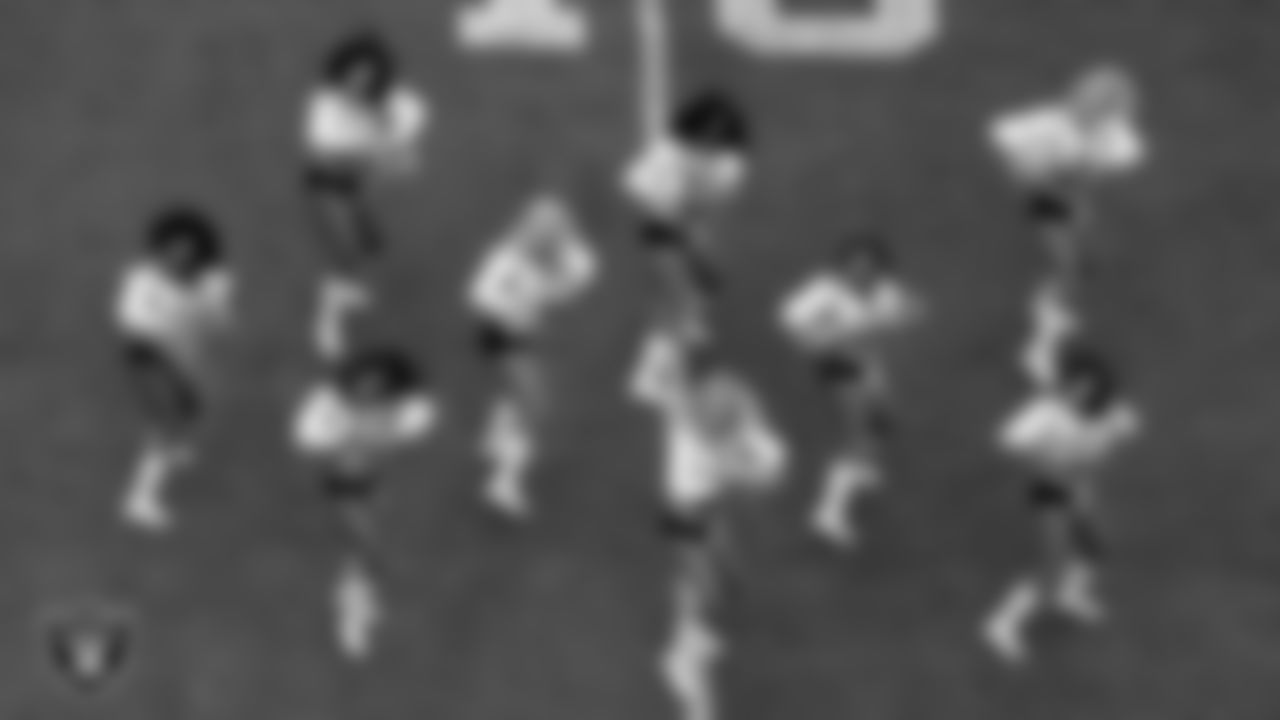 Raiderettess Jekailah, Makenna P., Kristina, Melody, Cierra, Camryn, Meghan, Simone and Monica G. perform on the field during the regular season home game against the Arizona Cardinals at Allegiant Stadium.