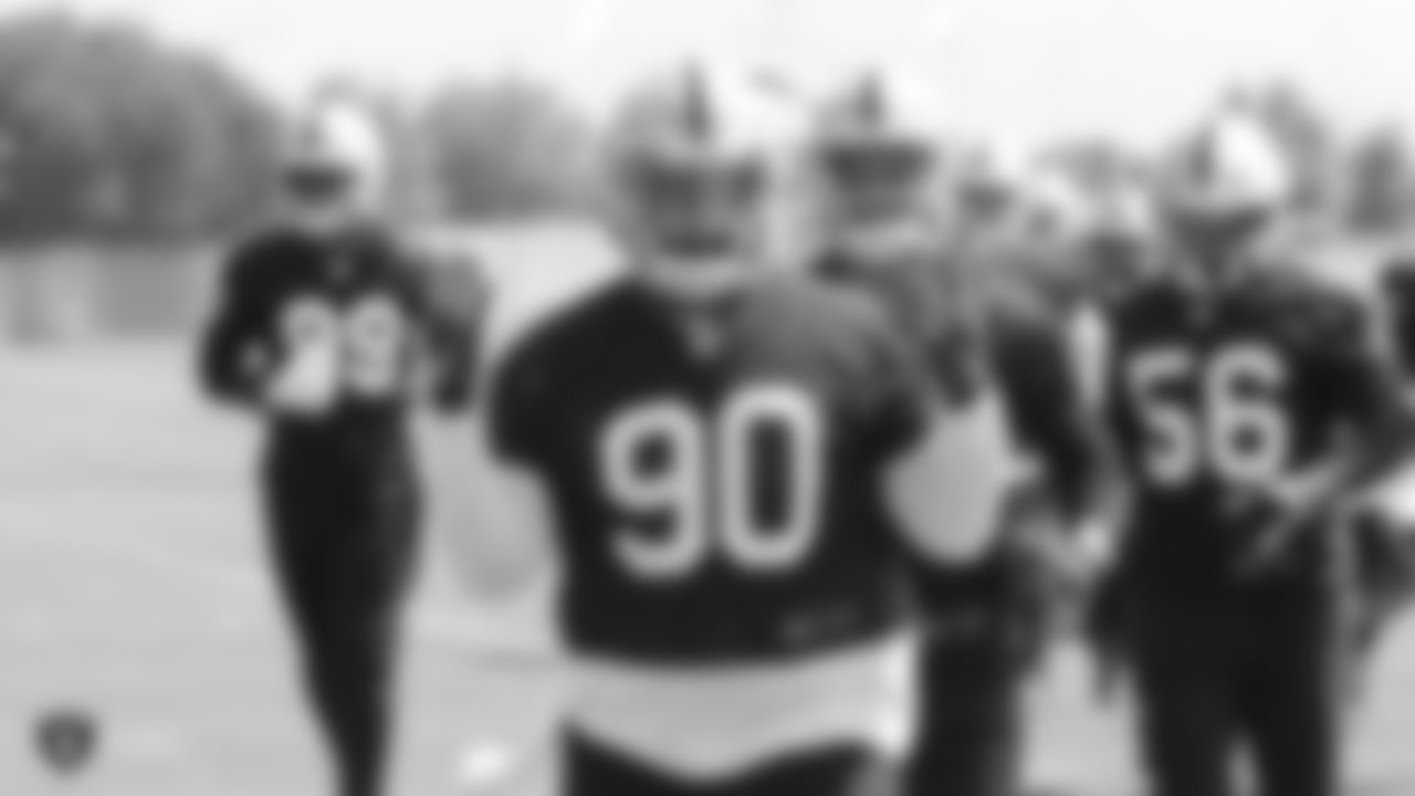 Raiders defensive tackle Johnathan Hankins (90) at an Organized Team Activity (OTA) at the Raiders Practice Facility in Alameda, Calif.