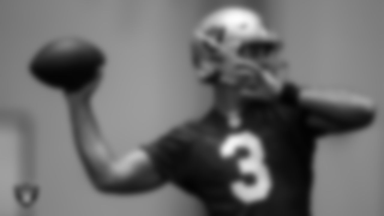 Las Vegas Raiders quarterback Nathan Peterman (3) on the field for practice at 2020 Training Camp.