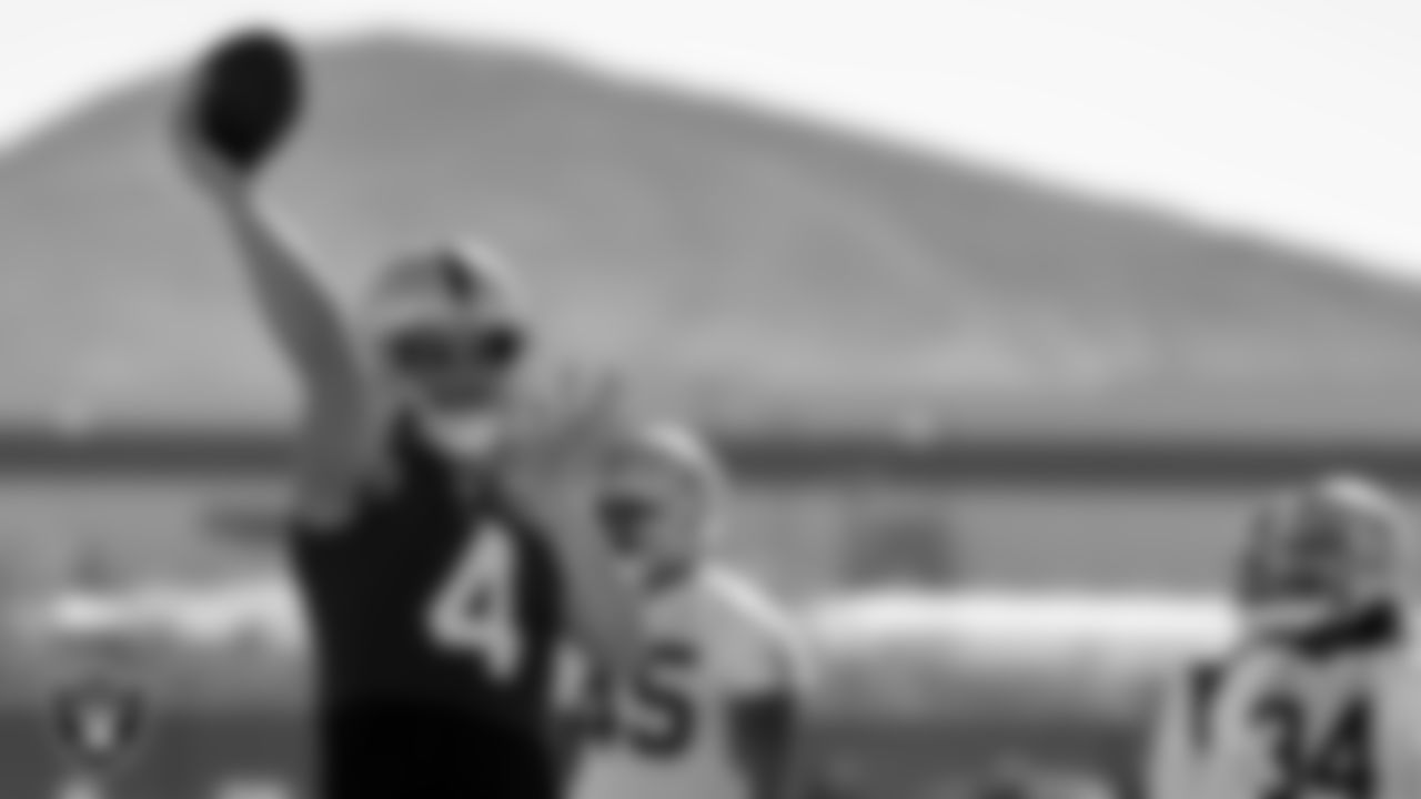 Las Vegas Raiders quarterback Derek Carr (4) during practice at Intermountain Healthcare Performance Center.