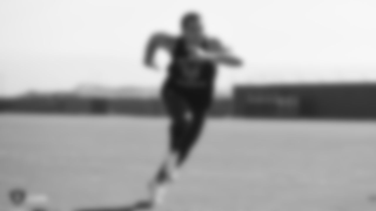 Raiders quarterback Derek Carr at a workout during phase one of the offseason program at the Raiders Practice Facility in Alameda, Calif.