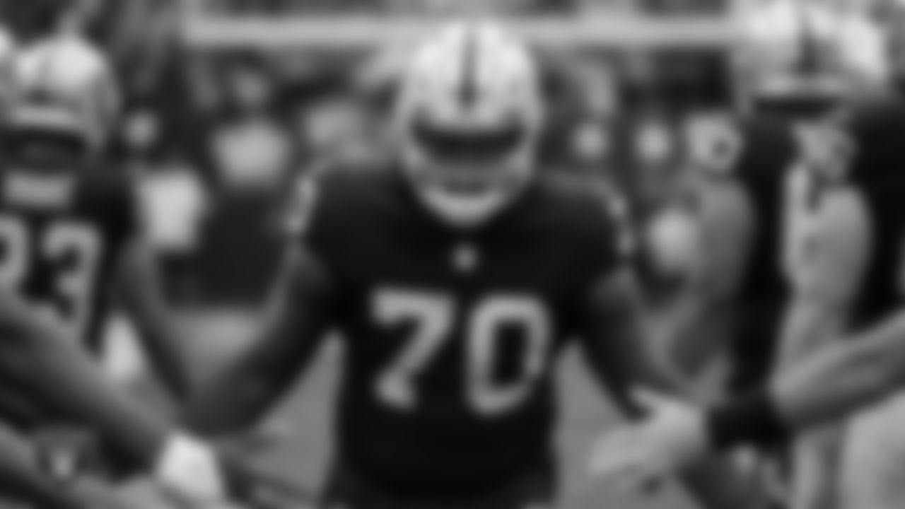 Las Vegas Raiders tackle Alex Leatherwood (70) is introduced onto the field before the regular season home game against the Chicago Bears.