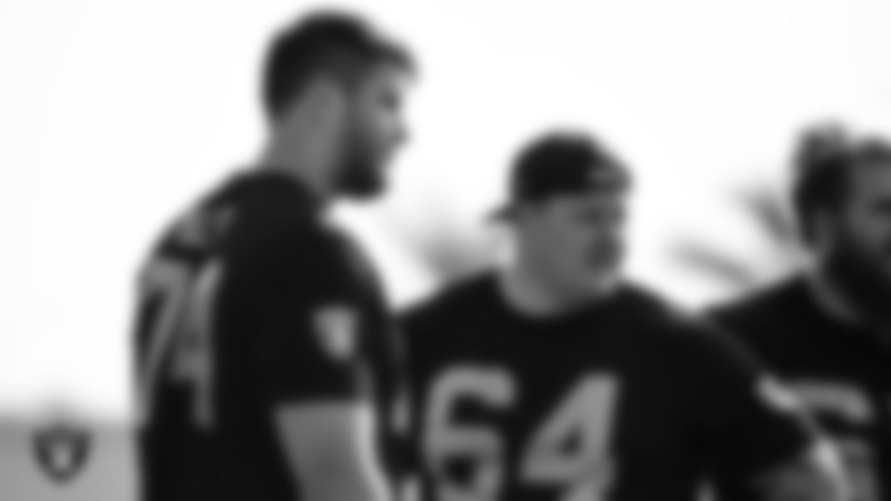 Las Vegas Raiders tackle Kolton Miller (74) and guard Richie Incognito (64) on the field for a walk through at 2020 Training Camp.