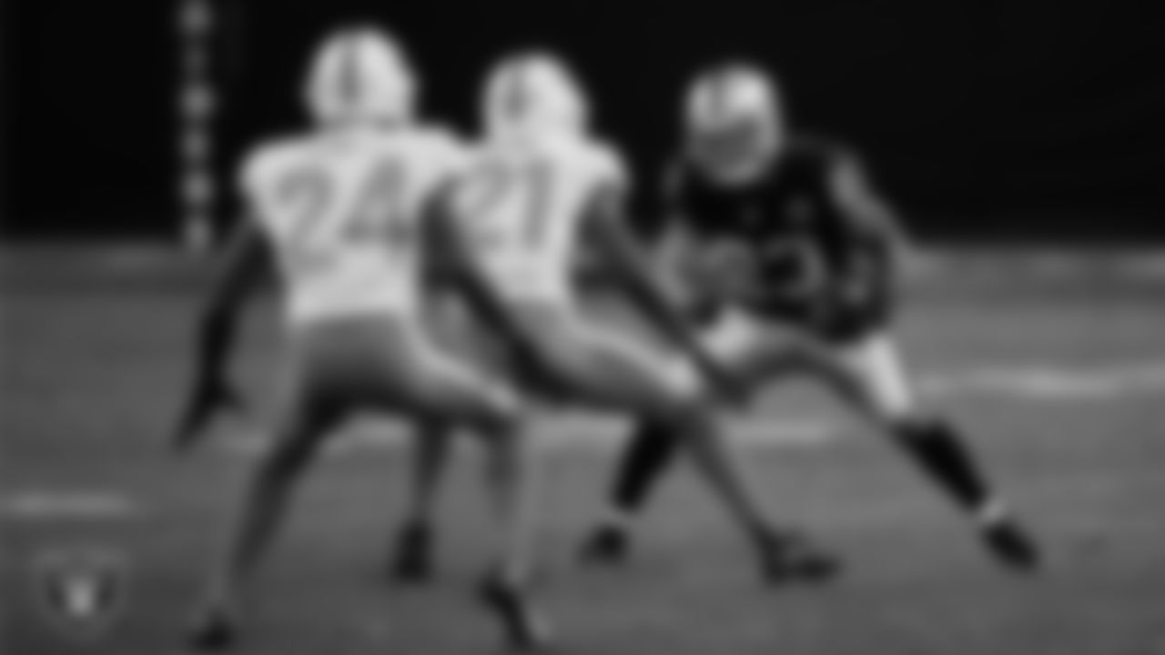 Las Vegas Raiders running back Devontae Booker (23) rushes during the regular season home game against the Miami Dolphins.