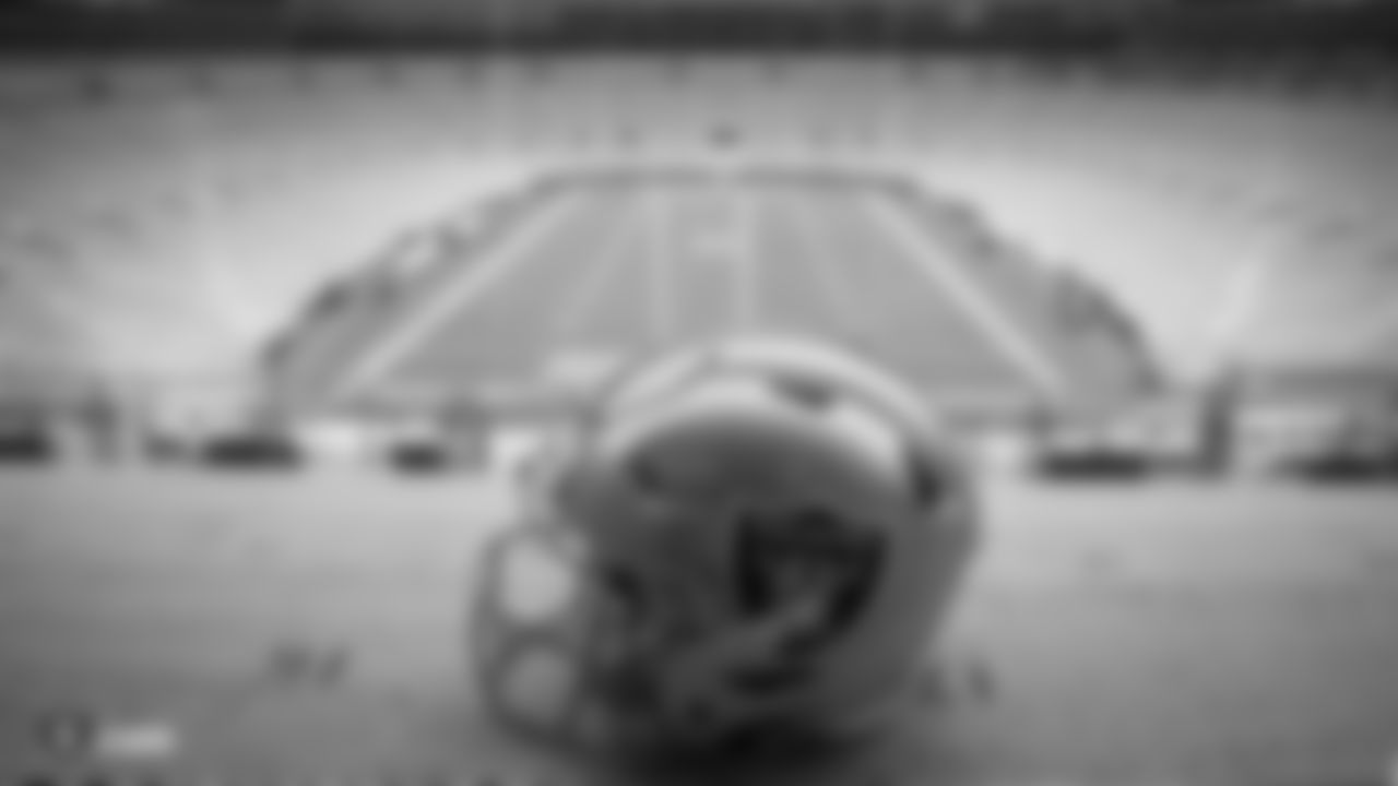 A Raiders helmet in the stands before the regular season game against the Green Bay Packers at Lambeau Field.