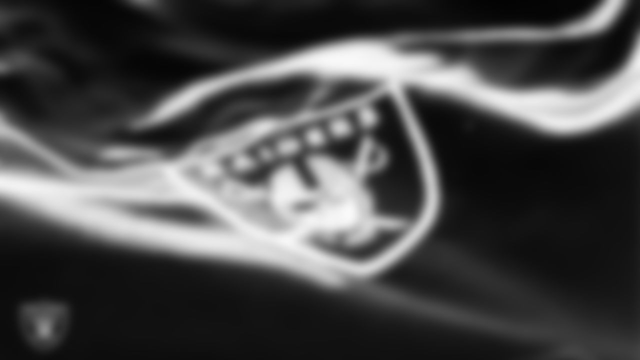 A Las Vegas Raiders shield is seen on a duffel bag before the team departs for the regular season away game against the Carolina Panthers.
