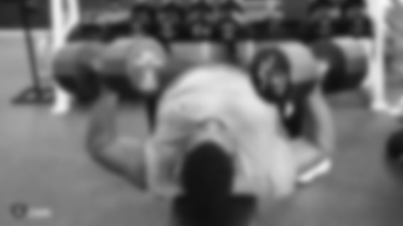 Raiders players and coaches at a workout during phase one of the offseason program at the Raiders Practice Facility in Alameda, Calif.