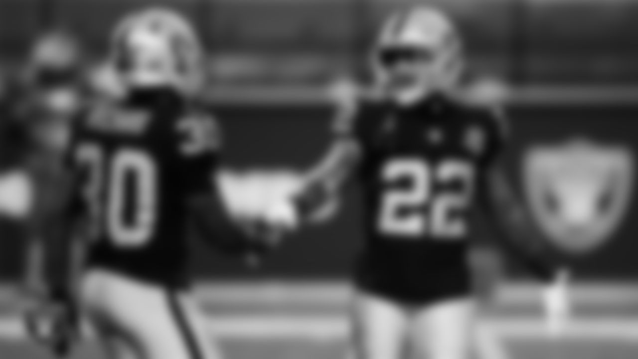 Las Vegas Raiders running back Jalen Richard (30) and cornerback Keisean Nixon (22) during the regular season home game against the Miami Dolphins.
