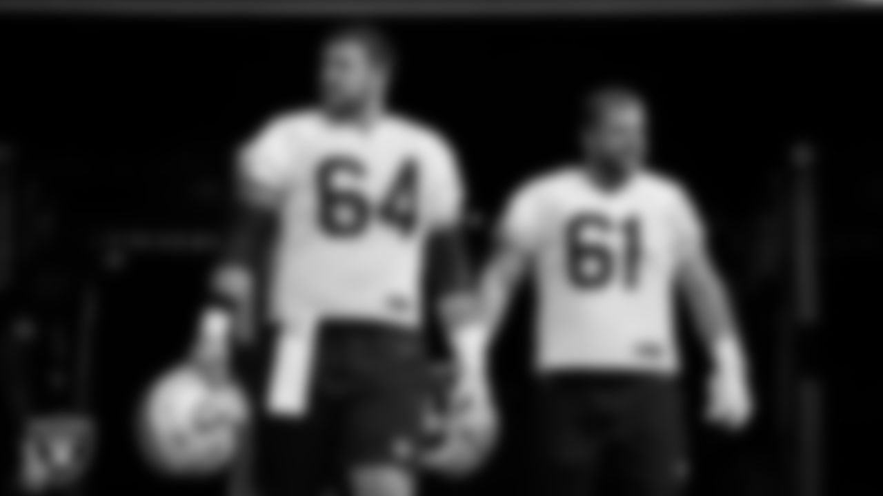 Las Vegas Raiders guard Alex Bars (64) and offensive lineman Jordan Meredith (61) during practice at Intermountain Healthcare Performance Center.