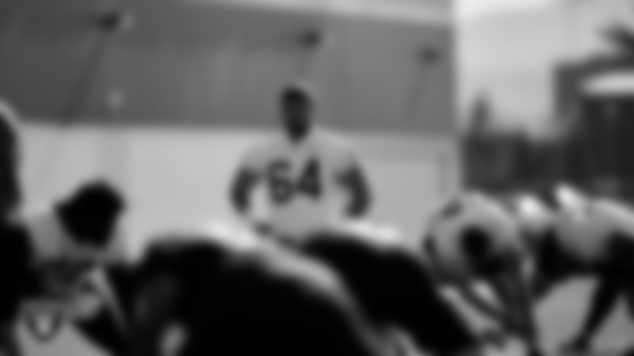 Las Vegas Raiders offensive lineman Alex Bars (64) at a workout during phase two of the offseason program.