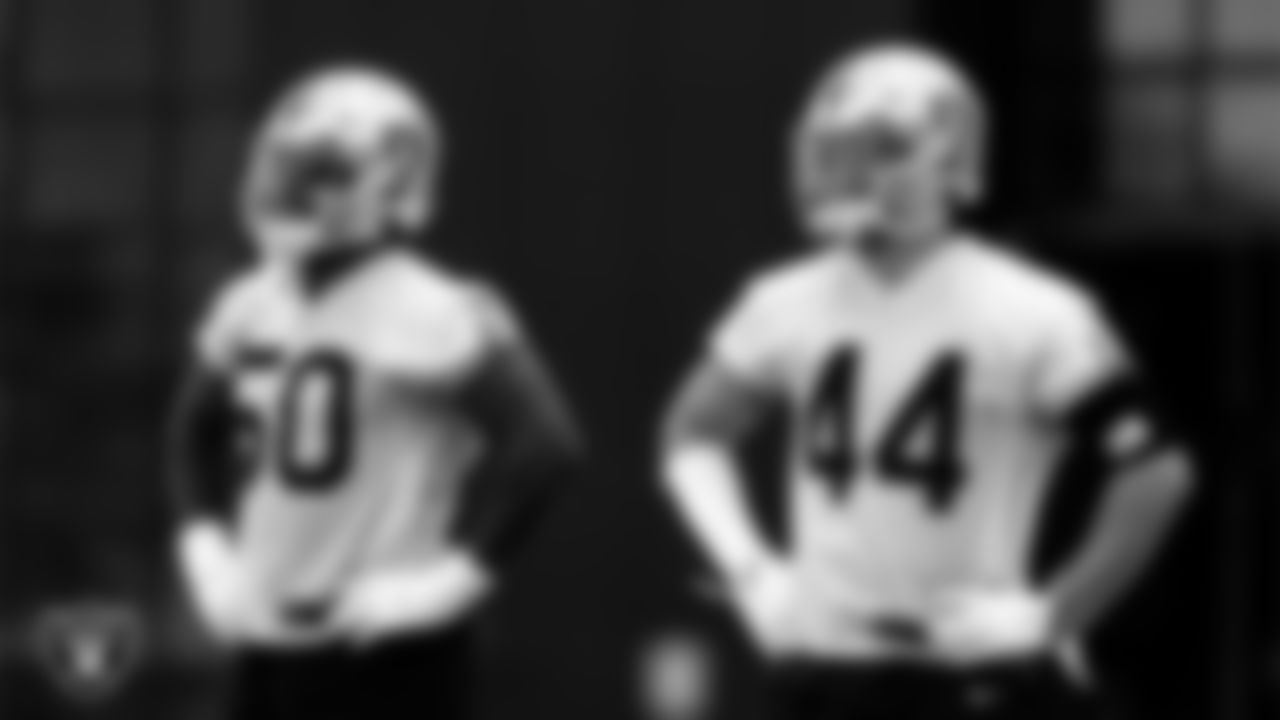 Las Vegas Raiders linebacker Nicholas Morrow (50) and linebacker Nick Kwiatkoski (44) during practice at Intermountain Healthcare Performance Center.