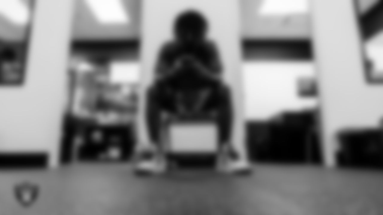 Las Vegas Raiders cornerback Damon Arnette (20) waits to be fitted for his uniform after arriving for 2020 Training Camp.