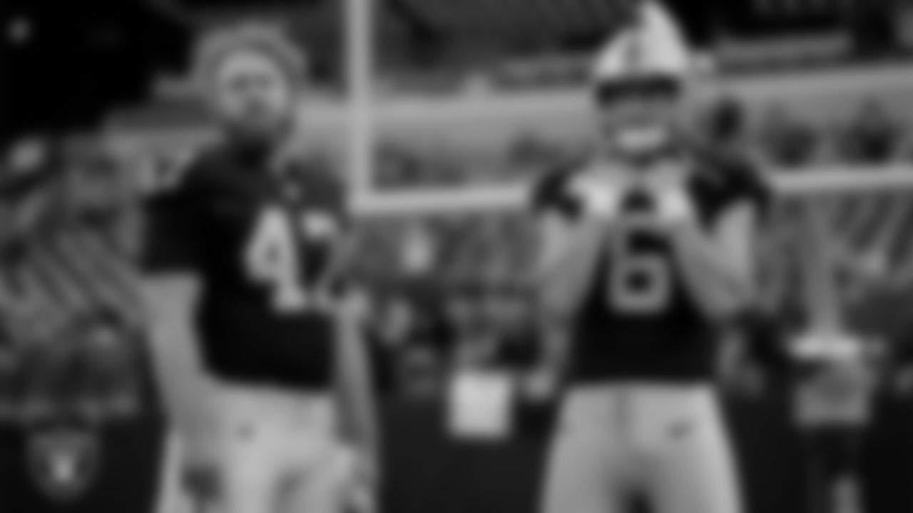 Las Vegas Raiders long snapper Trent Sieg (47) and punter AJ Cole (6) warming up before the regular season home game against the Indianapolis Colts at Allegiant Stadium.l