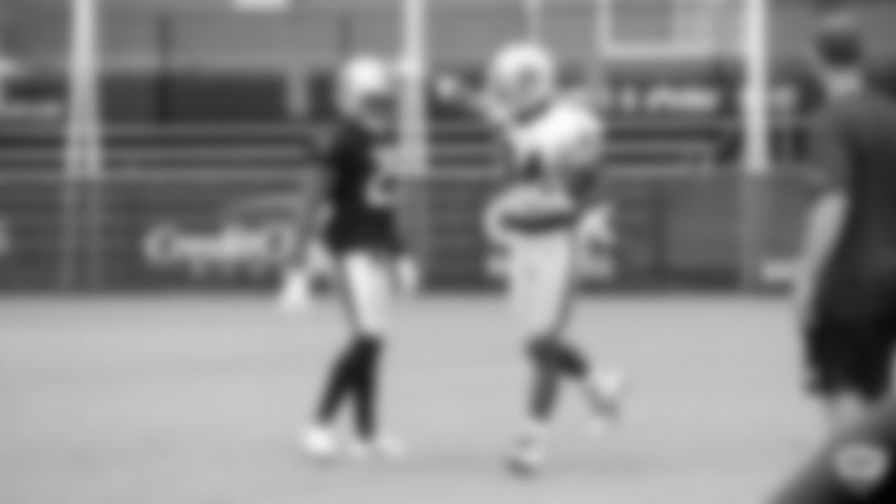 Raiders safety Lamarcus Joyner (29) and wide receiver Antonio Brown (84) on the field for practice at 2019 Training Camp at the Raiders Napa Valley Training Complex, Tuesday, July 30, 2019, in Napa, Calif.