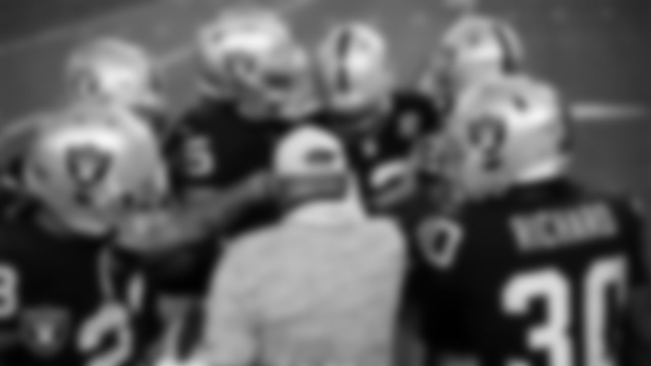 The Las Vegas Raiders special teams returners huddle before the regular season home game against the Miami Dolphins.