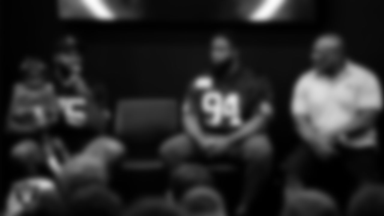 Las Vegas Raiders tackle Brandon Parker (75) speaks to athletes during the ELITE Academy at the Las Vegas Raiders Headquarters.