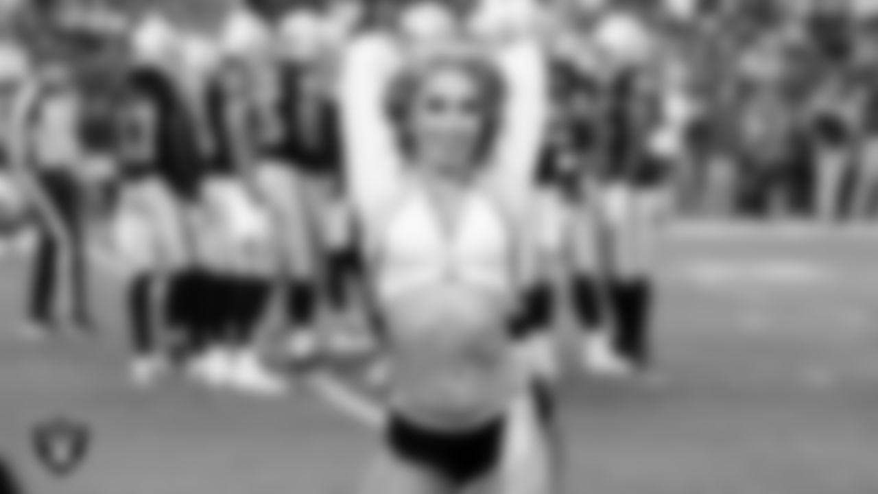 Raiderette Lilah performs on the field during the regular season home game against the Los Angeles Chargers at Allegiant Stadium.