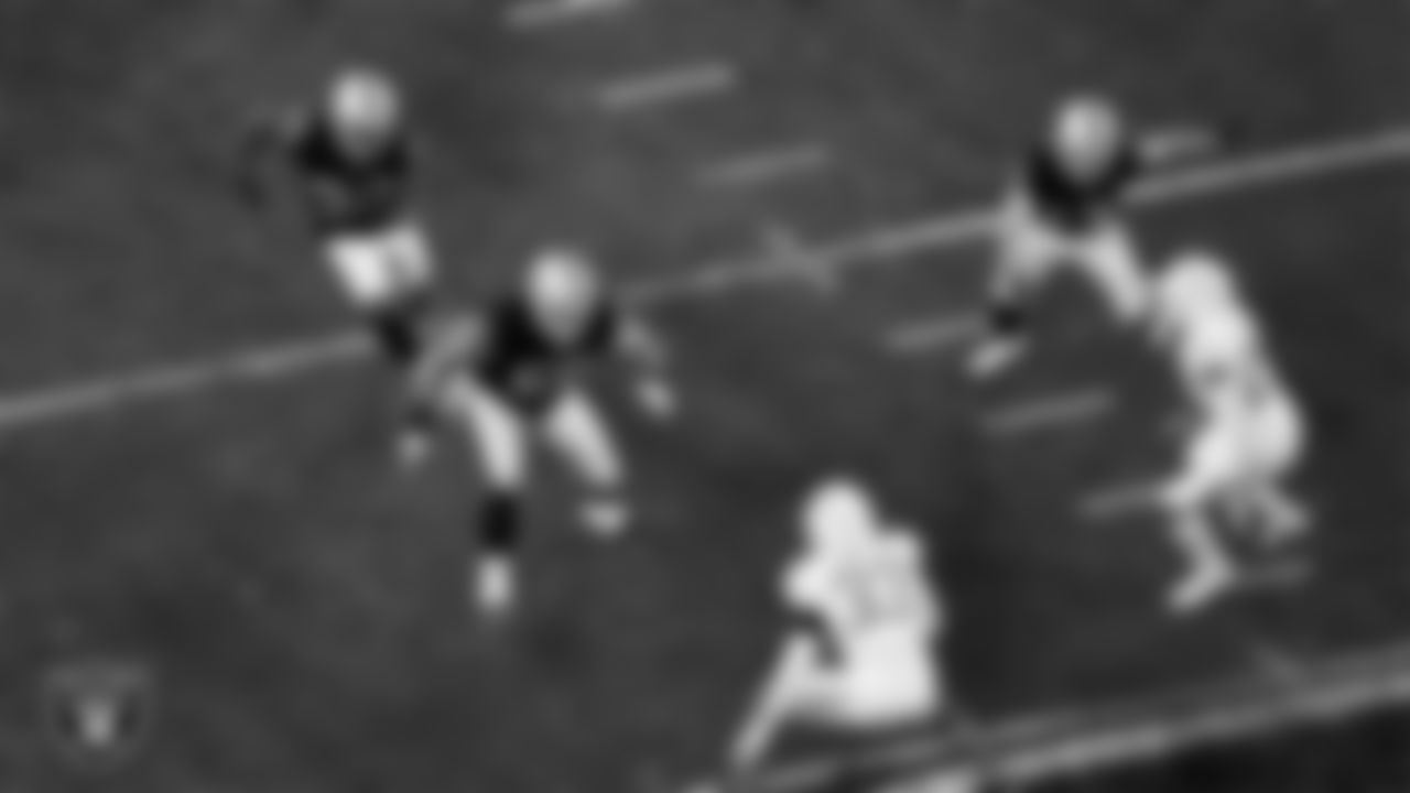 Las Vegas Raiders center Andre James (68) blocks as running back Jalen Richard (30) rushes during the regular season home game against the Los Angeles Chargers.