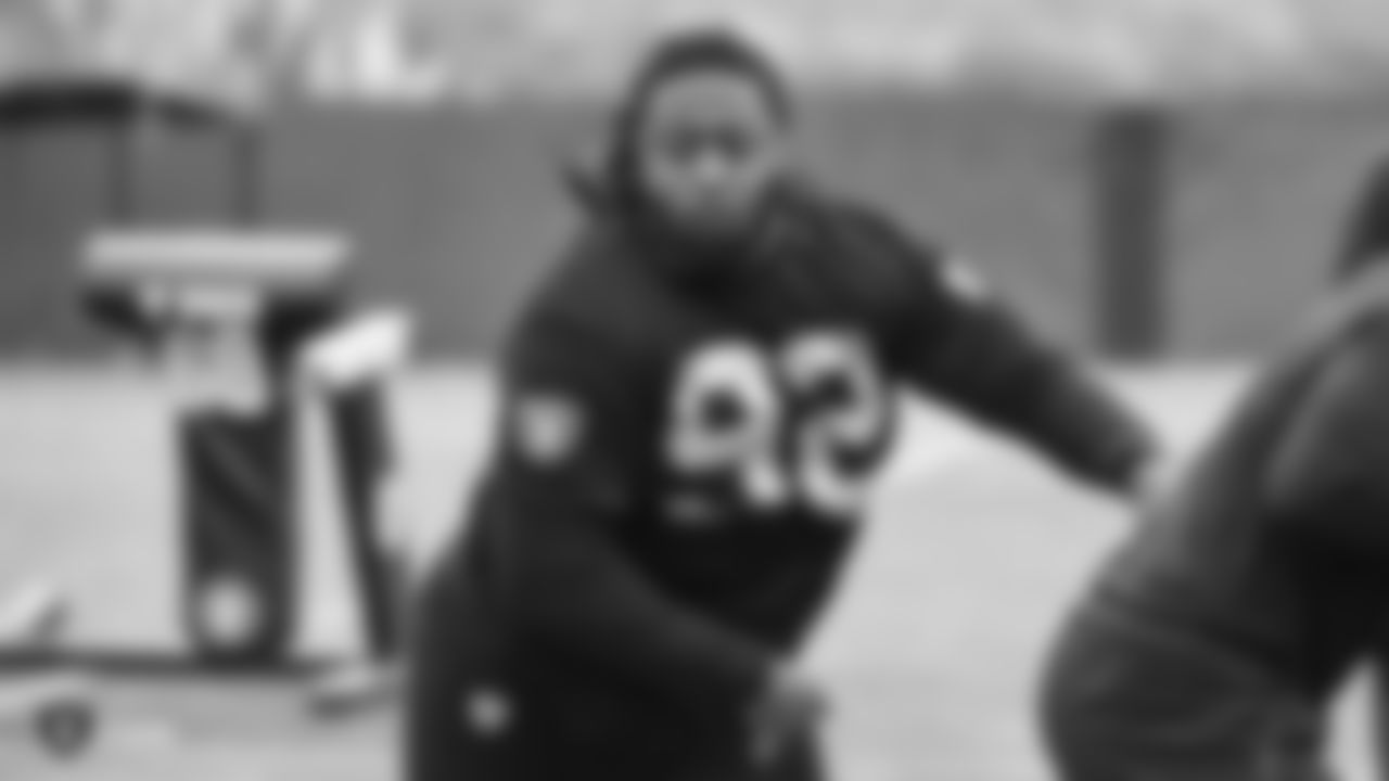 Raiders defensive tackle P.J. Hall (92) at a workout during phase two of the offseason program at the Raiders Practice Facility in Alameda, Calif.