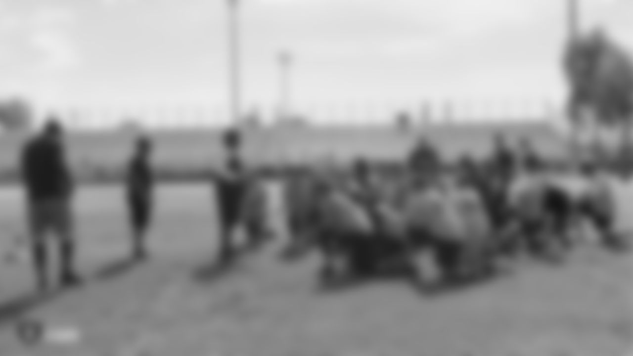 The Raiders, represented by alumnus Reggie Kinlaw, collaborate with the Southern Nevada Football Coaches Association to host an Offensive and Defensive Lineman Camp at Desert Oasis High School, Thursday, June 6, 2019, in Las Vegas, Nevada.