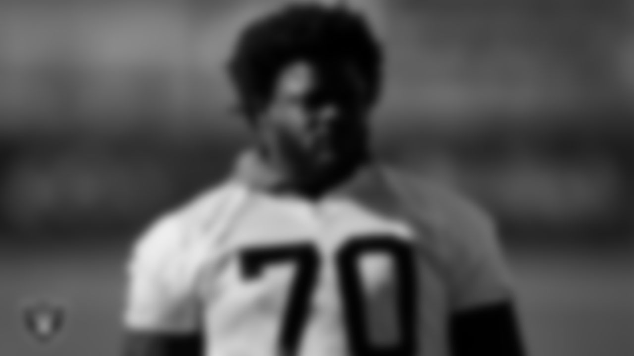 Las Vegas Raiders guard/tackle Alex Leatherwood (70) at a workout during phase two of the offseason program.