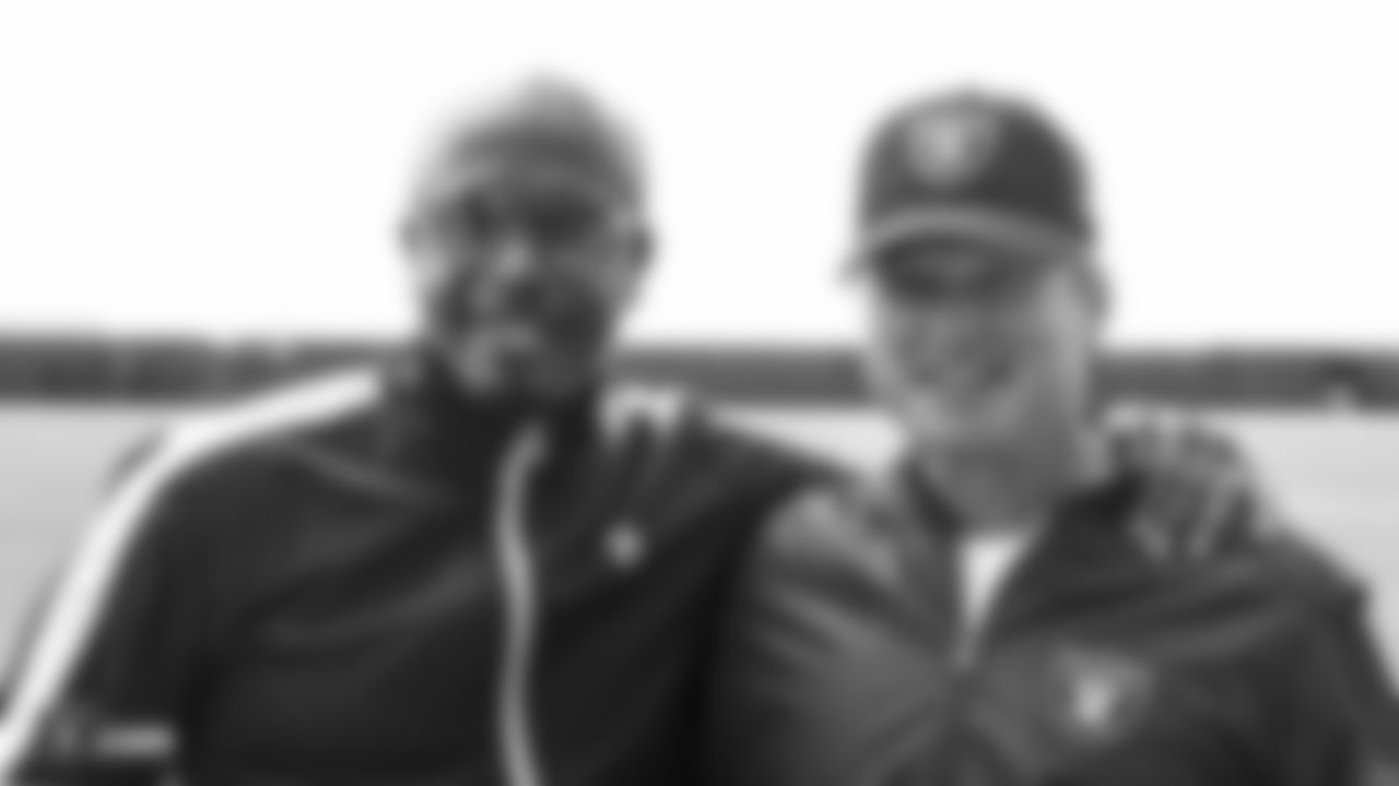 Hip-hop artist MC Hammer visits Oakland Raiders players at an Organized Team Activity (OTA) at the Oakland Raiders Practice Facility, Wednesday, June 6, 2018, in Alameda, California.