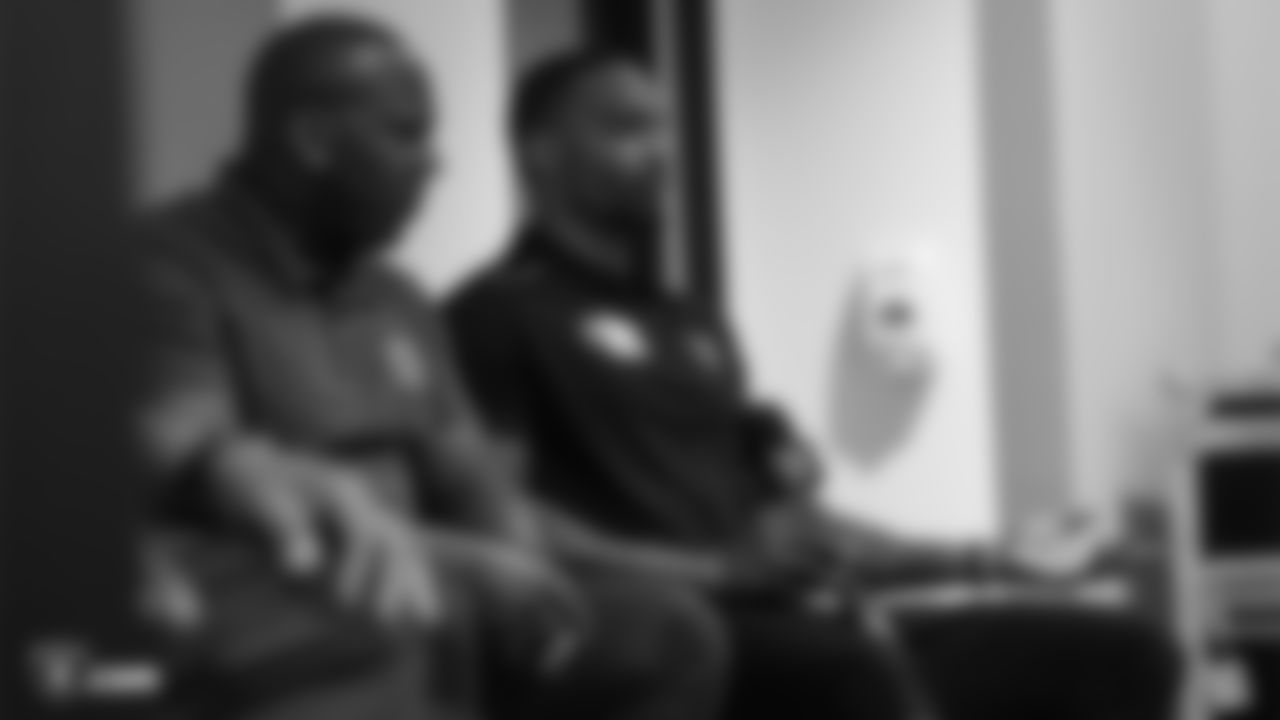 Oakland Raiders rookies listen to alumni speakers Cliff Branch, Jerry Robinson, Kirk Morrison, Rod Streater, and Lincoln Kennedy, as part of Rookie Academy, at the the Oakland Raiders Practice Facility, Friday, June 7, 2019, in Alameda, Calif.