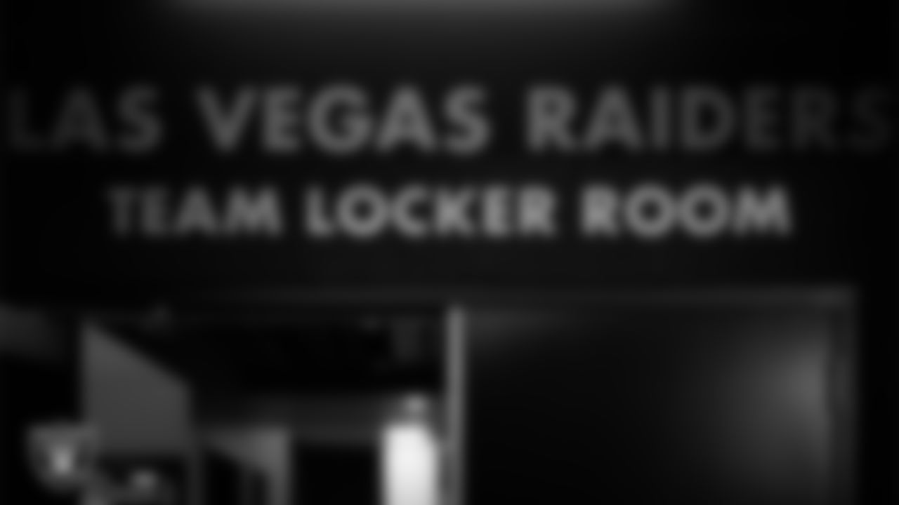 Locker room signage prior to the Las Vegas Raiders' arrival for their regular season home game against the Los Angeles Chargers at Allegiant Stadium.