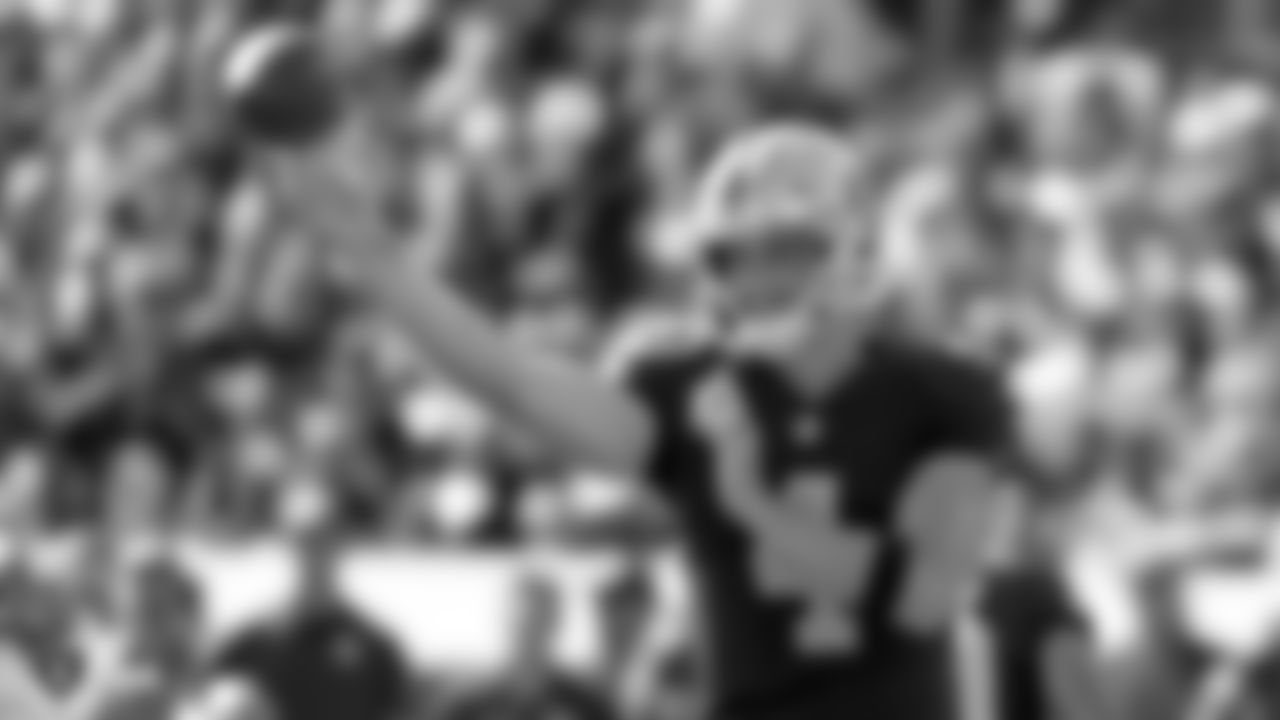 Oakland Raiders quarterback Derek Carr (4) throws a pass during the Oakland Raiders game against the Indianapolis Colts at Oakland-Alameda County Coliseum, Sunday, October 28, 2018, in Oakland, California. Oakland Raiders lost 42-28.