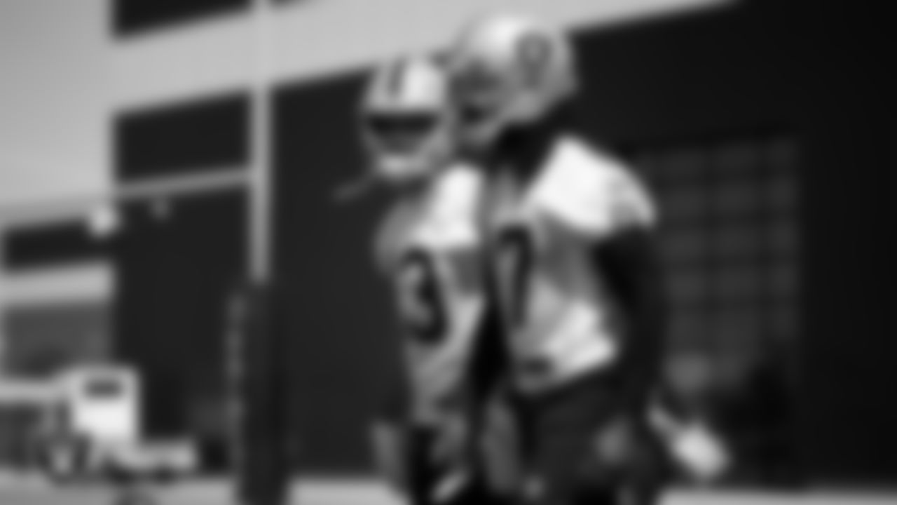 Las Vegas Raiders wide receiver Hunter Renfrow (13) and wide receiver Davante Adams (17) at an Organized Team Activity (OTA).