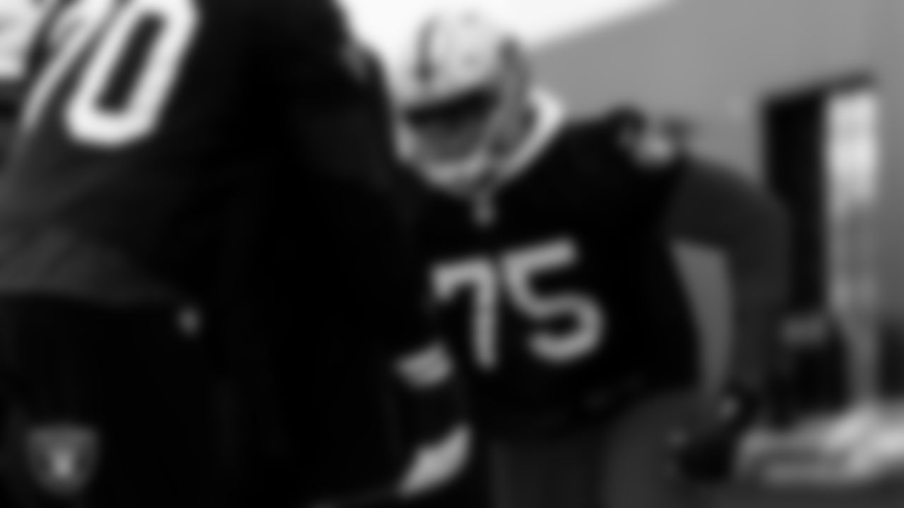Las Vegas Raiders tackle Sam Young (70) and tackle Brandon Parker (75) during practice at Intermountain Healthcare Performance Center.