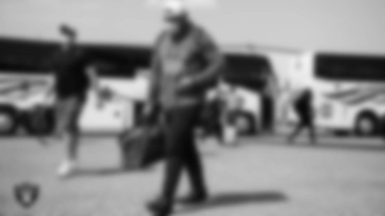 Las Vegas Raiders offensive lineman Jeremiah Poutasi (79) departs for the joint training camp practice and preseason away game against the Los Angeles Rams.