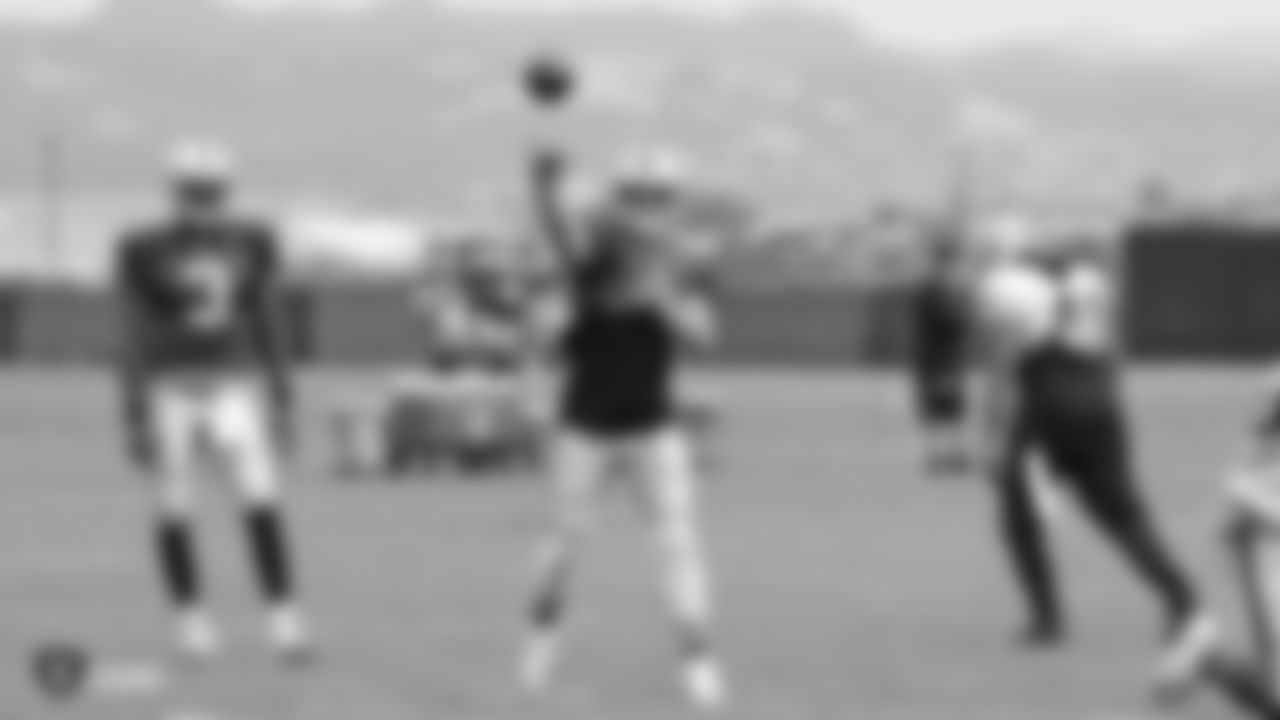 Oakland Raiders quarterback Derek Carr (4) on the field for a preseason practice at The Oakland Raiders Practice Facility, Tuesday, August 28, 2018, in Alameda, California.