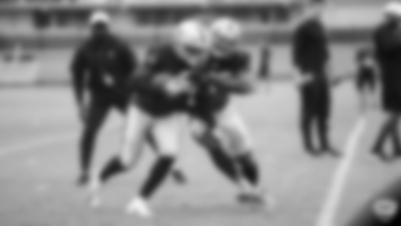 Raiders linebacker Te'von Coney (56) and linebacker Tahir Whitehead (59) on the field during practice at 2019 Training camp.