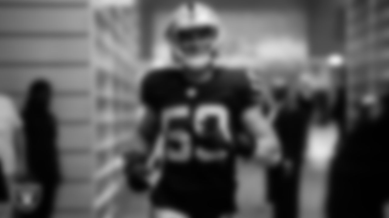 Las Vegas Raiders linebacker Luke Masterson (59) walks down the tunnel before the preseason away game against the Dallas Cowboys at AT&T Stadium.