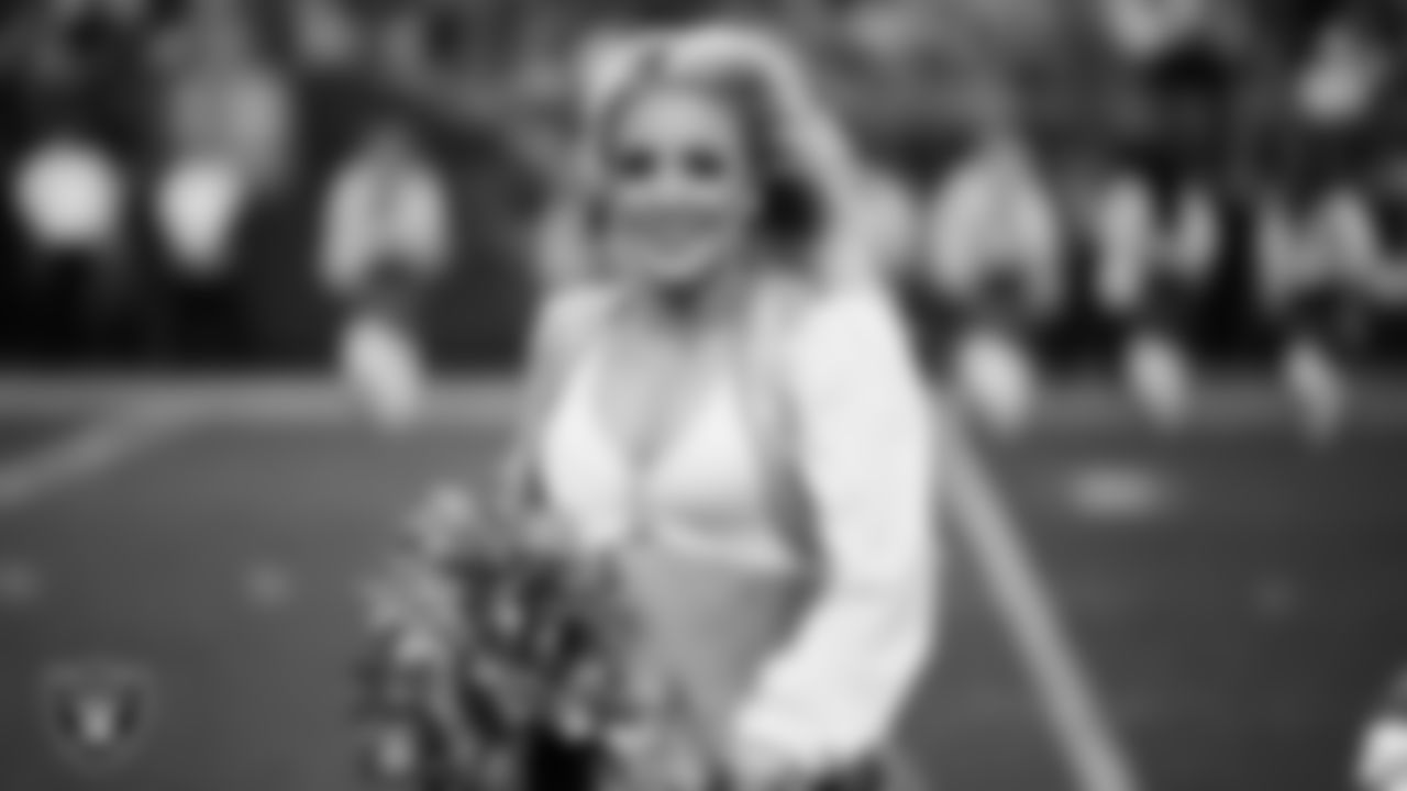 Raiderette Melody performs on the field during the regular season home game against the Los Angeles Chargers at Allegiant Stadium.
