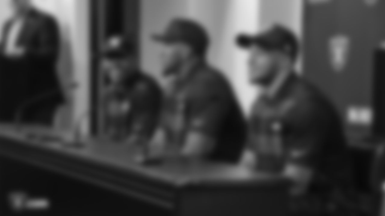 Raiders 1st round draft picks defensive end Clelin Ferrell, running back Josh Jacobs, and safety Johnathan Abram at a press conference following their selection in the 2019 NFL Draft at the Raiders Practice Facility in Alameda, Calif.