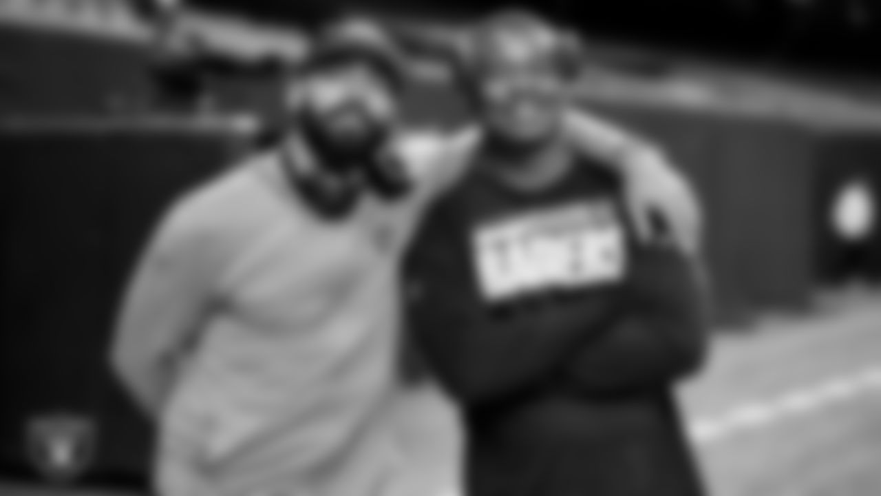 Las Vegas Raiders safety Matthias Farley (41) and linebacker Jayon Brown (50) warming up before the regular season away game against the New Orleans Saints at Caesars Superdome.