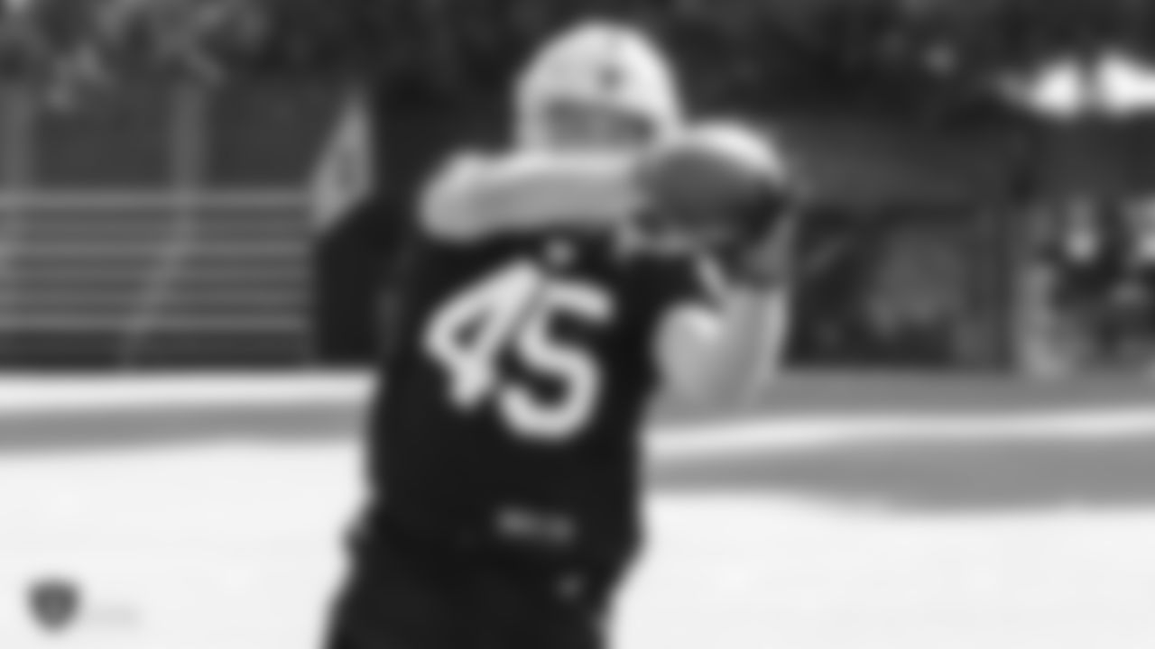 Oakland Raiders safety Dallin Leavitt (45) on the field for practice at 2018 Pre-Training Camp at The Oakland Raiders Napa Valley Training Complex, Thursday, July 26, 2018, in Napa, California.