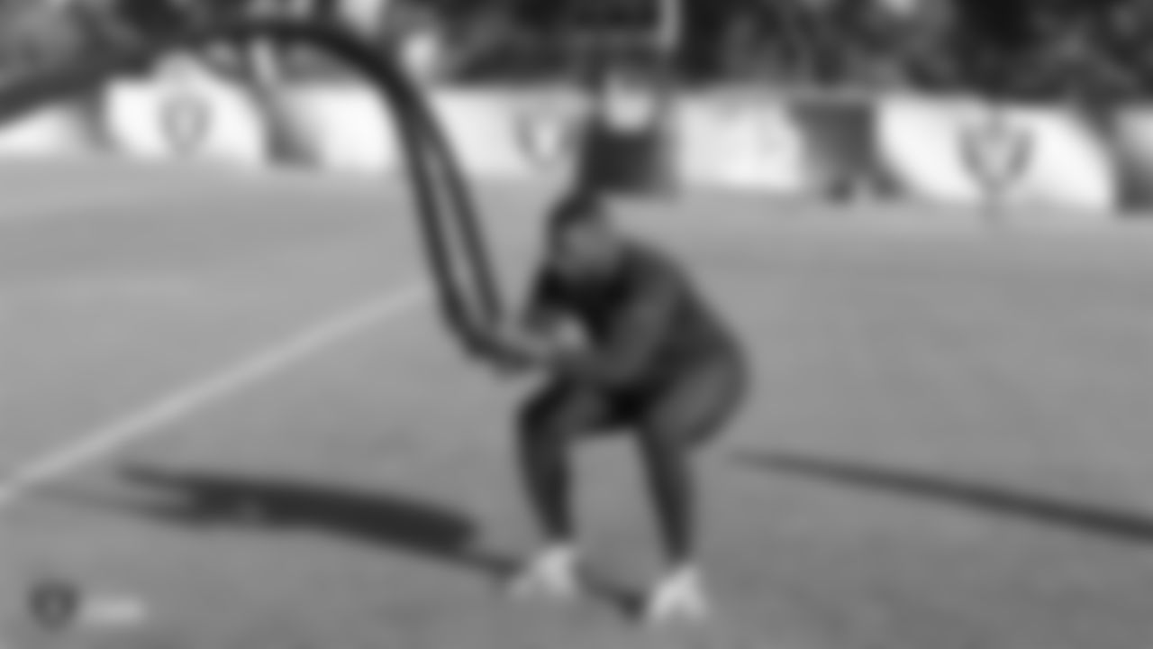 Raiders defensive end Benson Mayowa at a workout during phase one of the offseason program at the Raiders Practice Facility in Alameda, Calif.