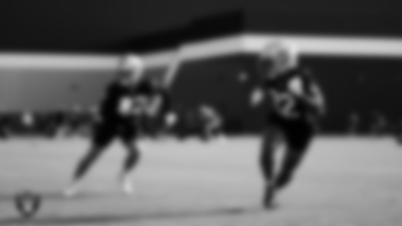 Las Vegas Raiders safety Dallin Leavitt (32) and cornerback Keisean Nixon (22) on the field for Mandatory Minicamp.