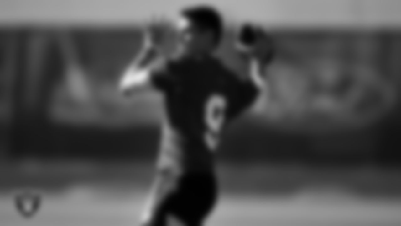 Las Vegas Raiders quarterback Nick Mullens (9) at a workout during phase two of the offseason program.