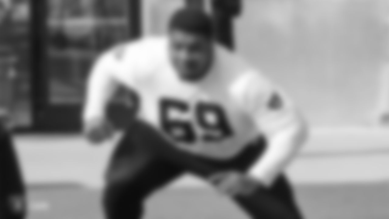 Raiders tackle Denzelle Good (69) at a workout during phase two of the offseason program at the Raiders Practice Facility in Alameda, Calif.