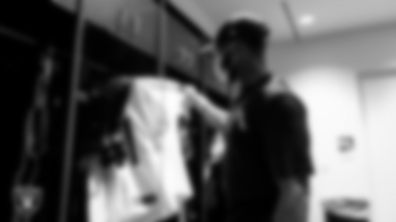 Las Vegas Raiders cornerback Amik Robertson (41) checks out his locker after arriving for 2020 Training Camp.