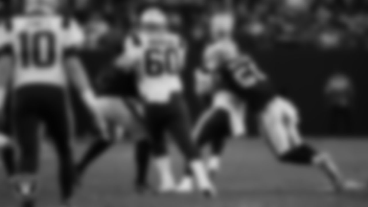 Las Vegas Raiders linebacker Luke Masterson (59) makes a tackle during the regular season home game against the New England Patriots at Allegiant Stadium.