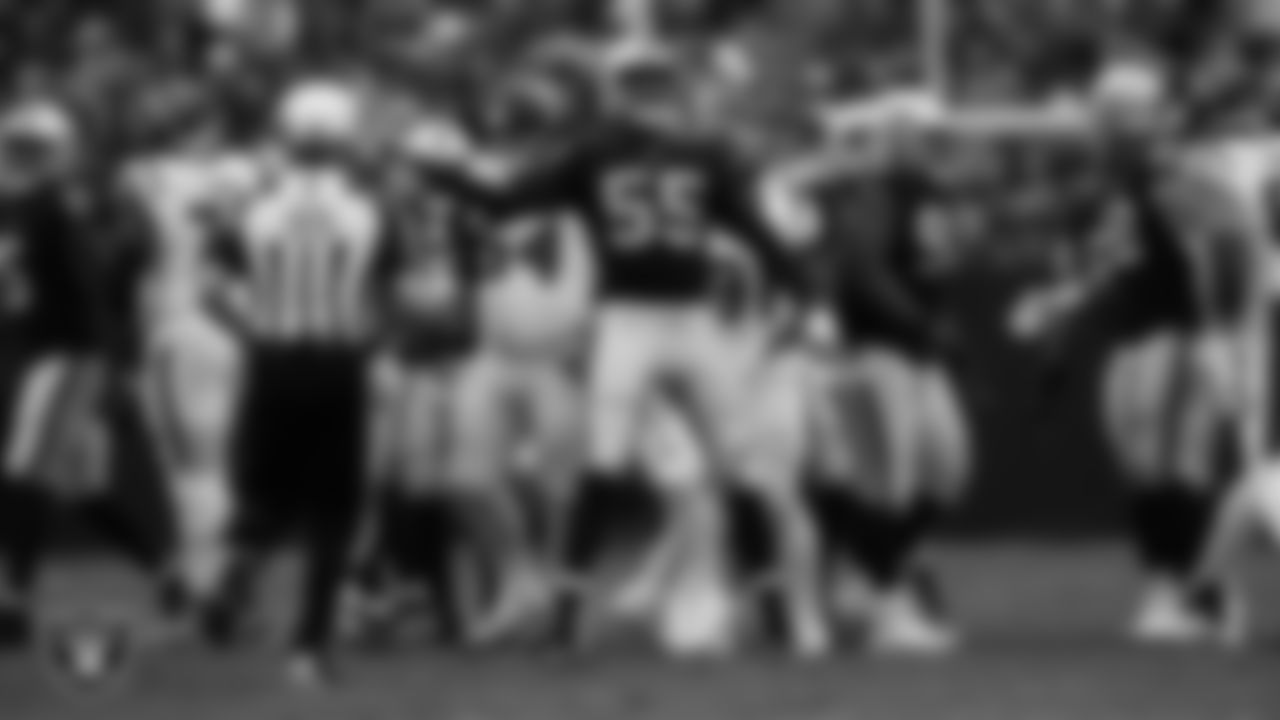 Las Vegas Raiders defensive end Chandler Jones (55) celebrates after making a tackle during the regular season home game against the Houston Texans at Allegiant Stadium.