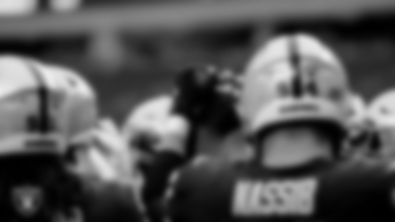 The Raiders warm up before the regular season game against the Buffalo Bills at Allegiant Stadium.